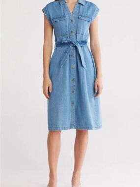 French Connection Light Blue Denim Midi Shirt Dress with Tie Waist